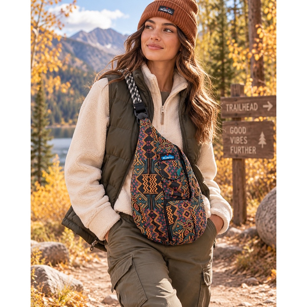 KAVU Rope Sling Bag Geometric Ikat Gorpcore Boho Crossbody Backpack One Size